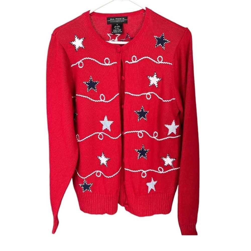 All Points Knit Cardigan w/ Appliqué Stars on Front Red White Blue Fabric Button